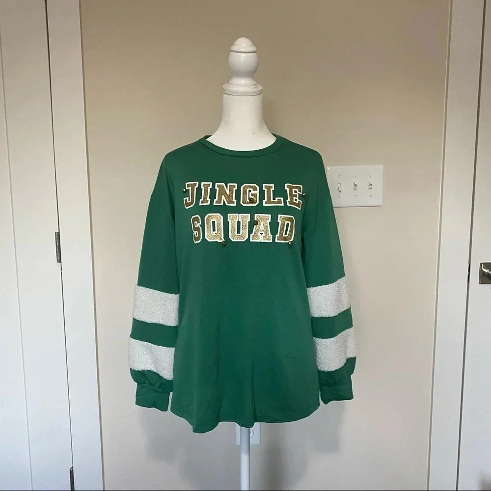 Joyland Green Christmas Holiday Pullover Sweater “Jingle Squad” With Real Bells - Picture 2 of 12